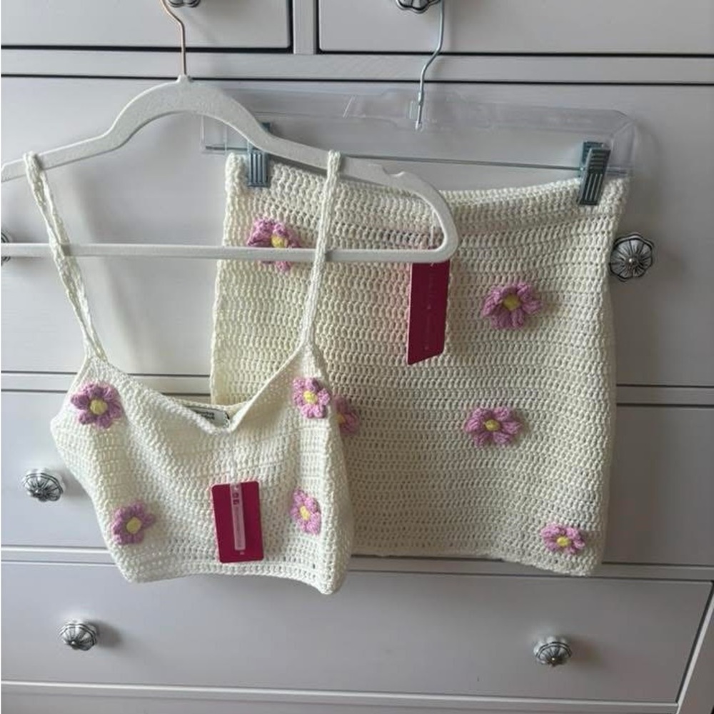 Beginning Boutique Cream Crochet Floral Crop Top and Skirt Set with Pink Flowers
